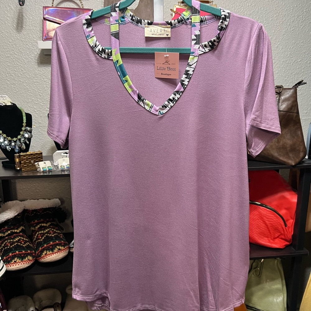 Avery Lavender Short Sleeve Tee with Patterned Trim large
